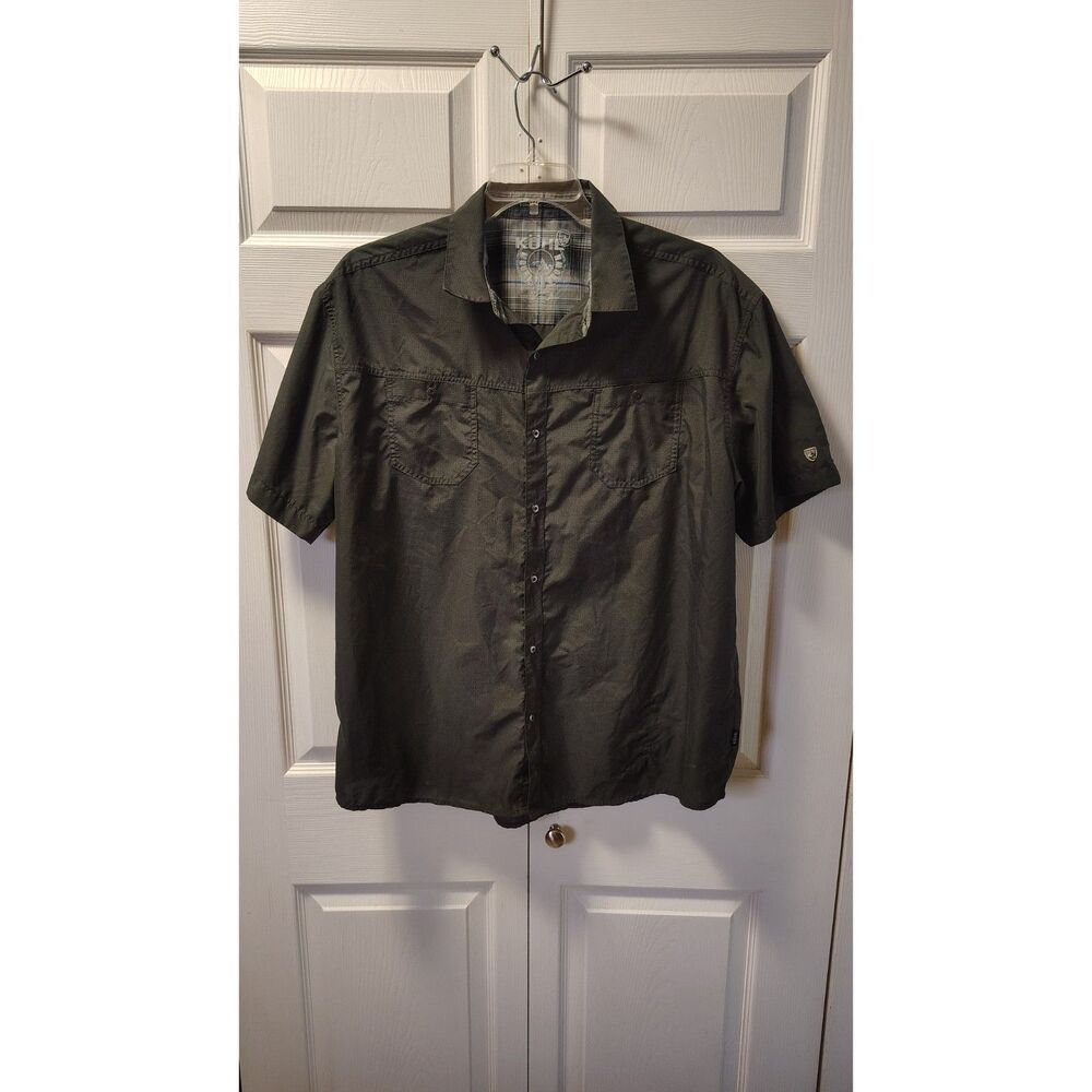 KUHL Men's Short Sleeve Button Down Tech Shirt Olive Green Plaid Lining XXL